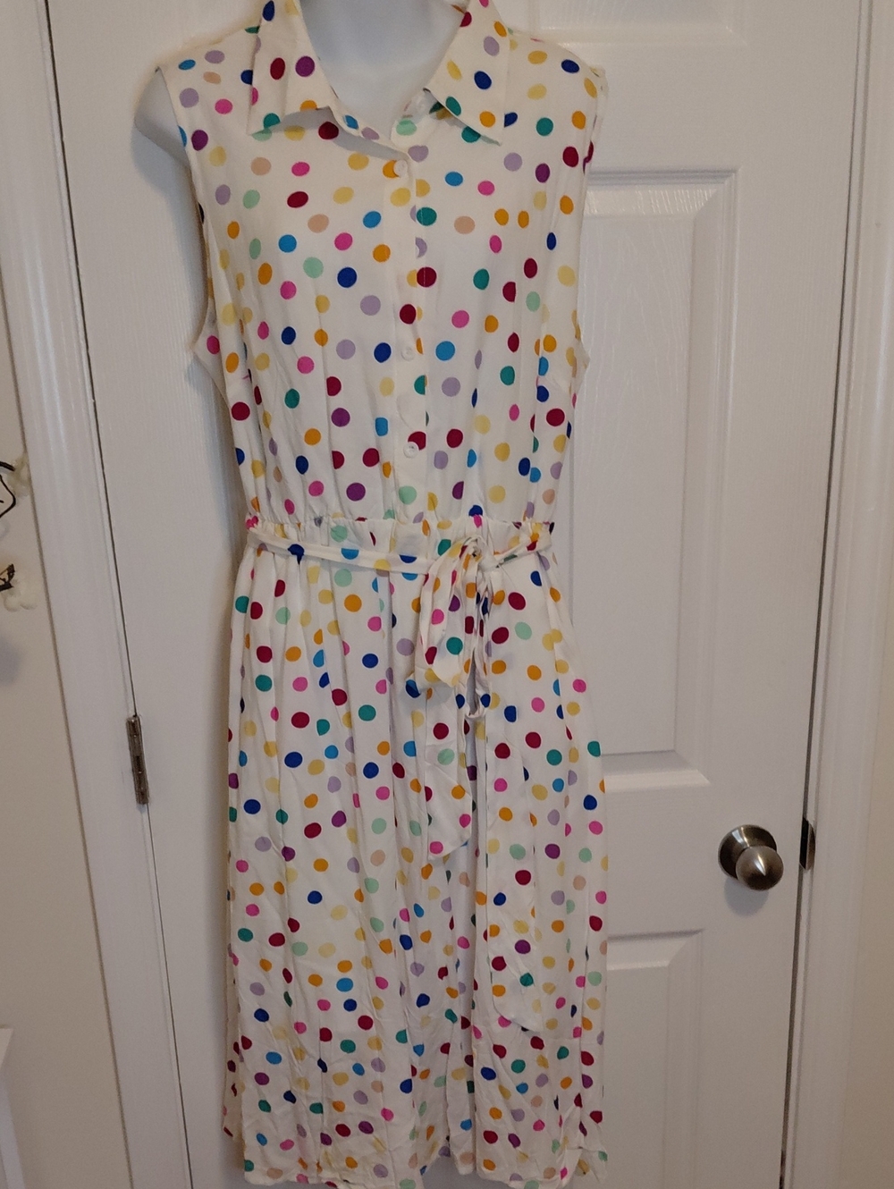 BloomChic White Midi Shirt Dress with Multicolor Polka Dots
